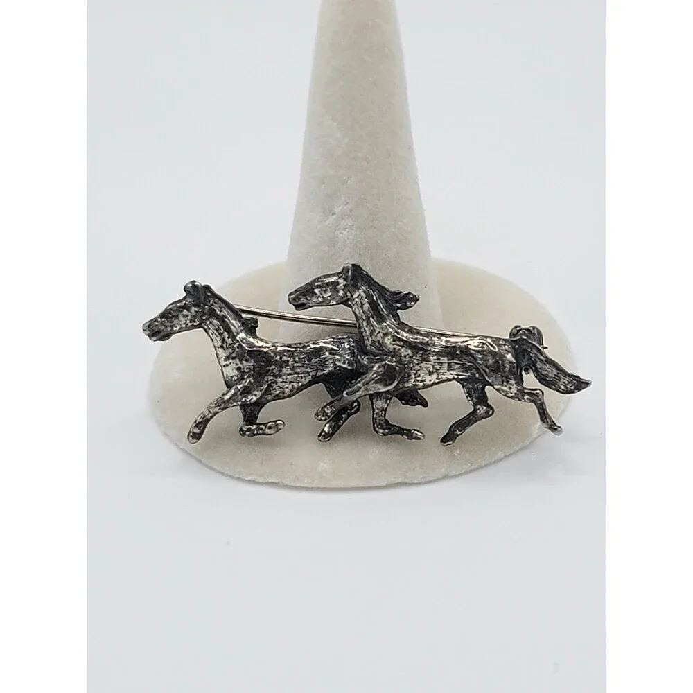 Vintage Zentall Three Running Horses Silver Tone Brooch